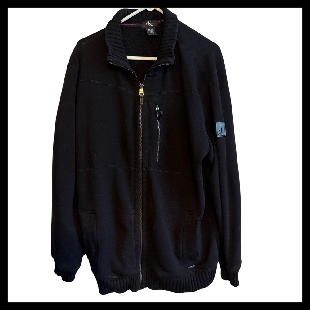 Calvin Klein Mens XL Full Zip Black Knit Mock Neck Sweater Cardigan